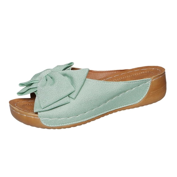 Summer Sandals for Women Bow Wedge Heels, Comfortable Open Toe Slip on Slide Sandals with Fleece Flock Non-Slip Outsole Green,Size 5.5