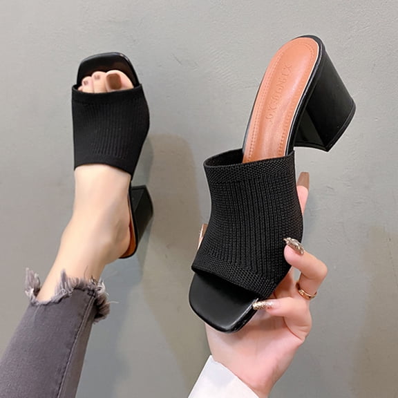 Summer Sandals for Women Chunky Heel Open Toe Slip-on Summer Casual Shoes Women's Fashionable Leisure Summer Solid Color Beach Sandals