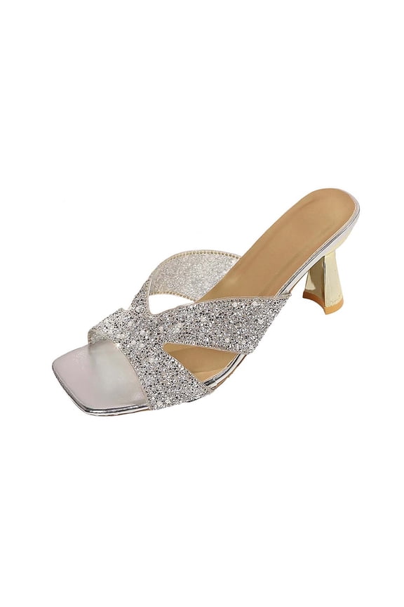 Summer Sandals for Women Gold Glitter Cross-Strap Mules with Chunky Heel and Square Toe
