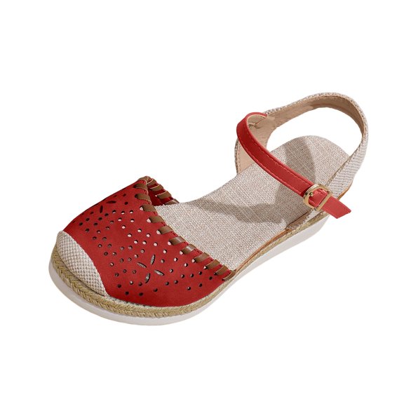 Summer Sandals for Women Perforated Wedge Sandals with Braided Jute Sole and Adjustable Ankle Strap