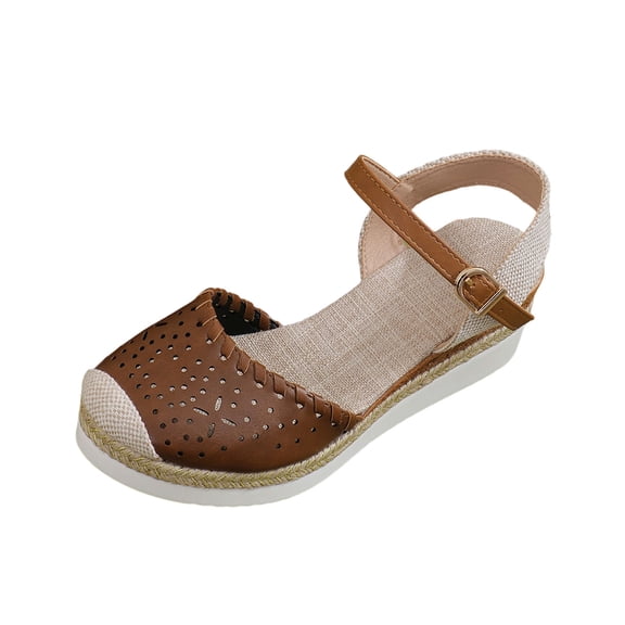 Summer Sandals for Women Perforated Wedge Sandals with Braided Jute Sole and Adjustable Ankle Strap