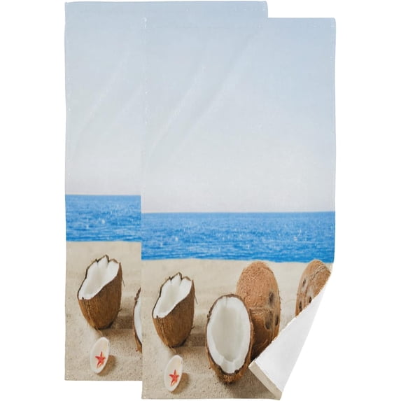 Summer Sandy Beach Hand Towels 2 PCS, Coconuts Seashells Kitchen Towel Ultra Soft and Highly Absorbent,Decorative Fingertip Face Towel for Bathroom Hotel, 28.3"x14.4"