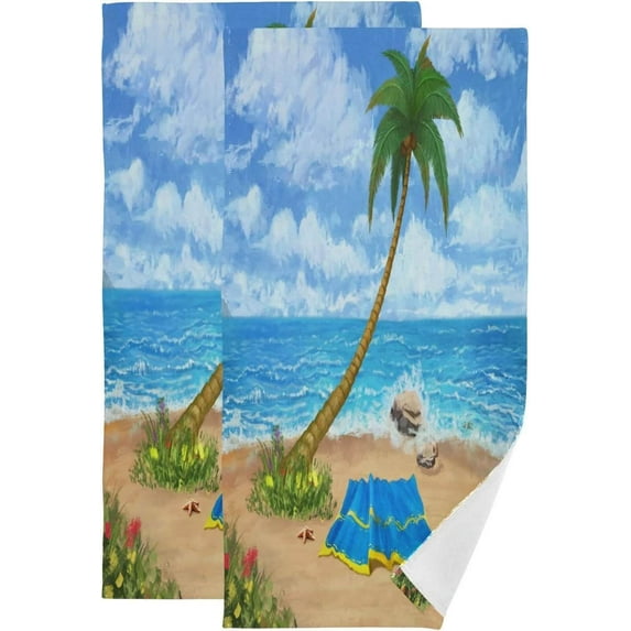 Summer Sandy Beach Kitchen Hand Towels, Tropical Palm Tree Fingertip Bath Towels Ultra Soft and Absorbent, Decorative Face Towels Dish Washcloths, 2 PCS, 28.3"x 14.4"