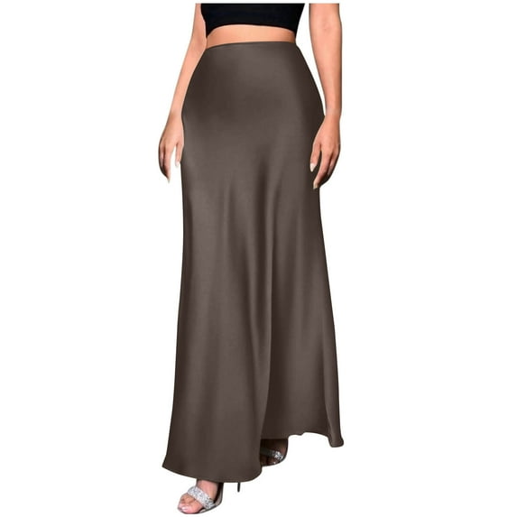 Summer Satin Skirts for Women Solid Color Ladies Skirts Elasticated Waist Long Skirt Midi Skirt Coffee XS