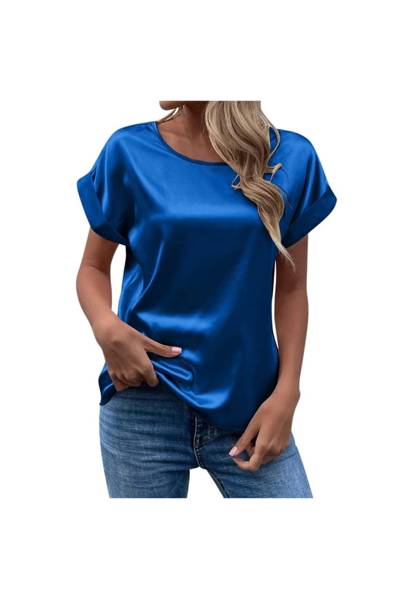 Summer Satin Tops for Women Round Neck Short Sleeve Tunic Shirts Solid Casual Loose Ladies Going out Blouse Tees