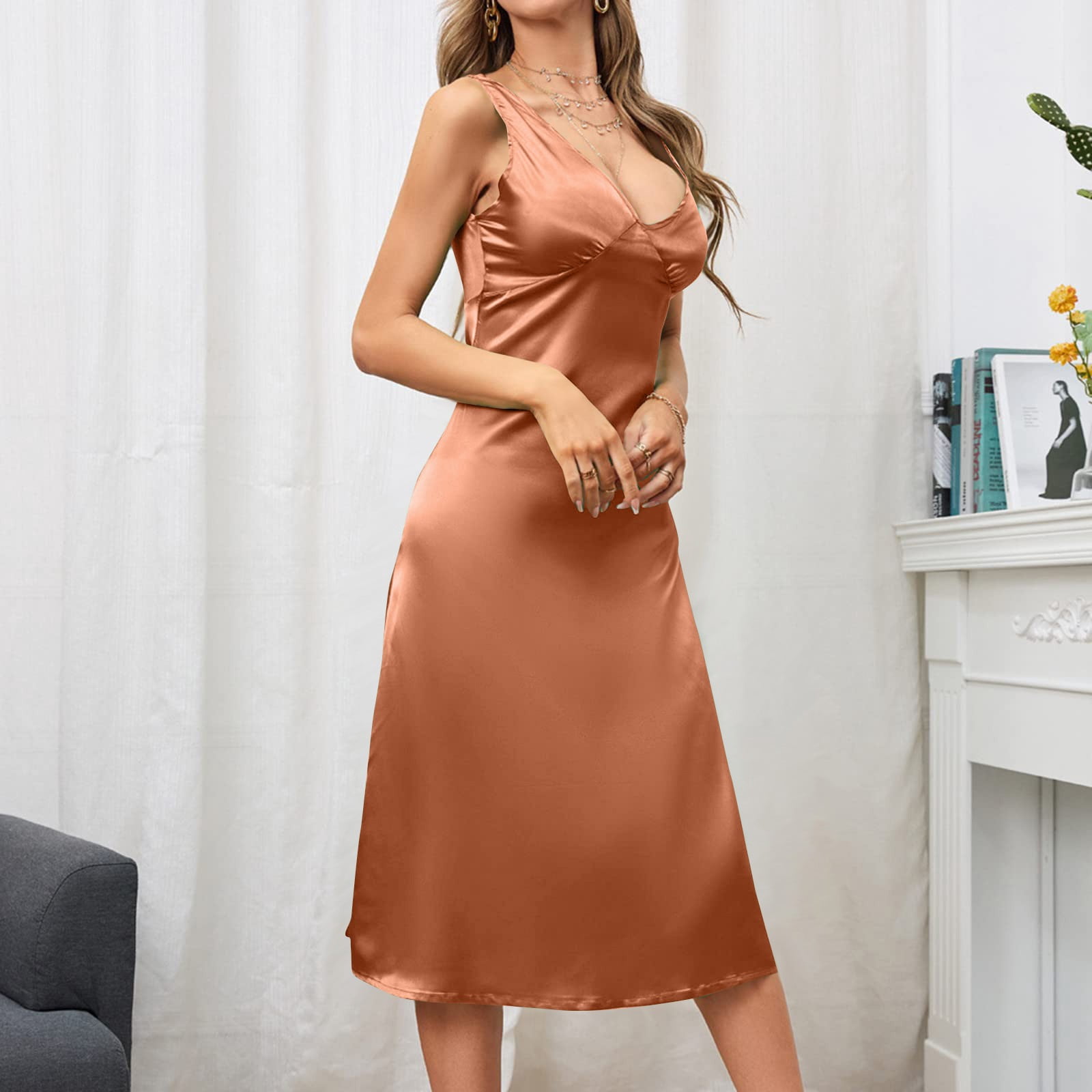 DENGDENG Summer Satin V Neck Backless Midi Dresses for Women 2024 Silky — free download
