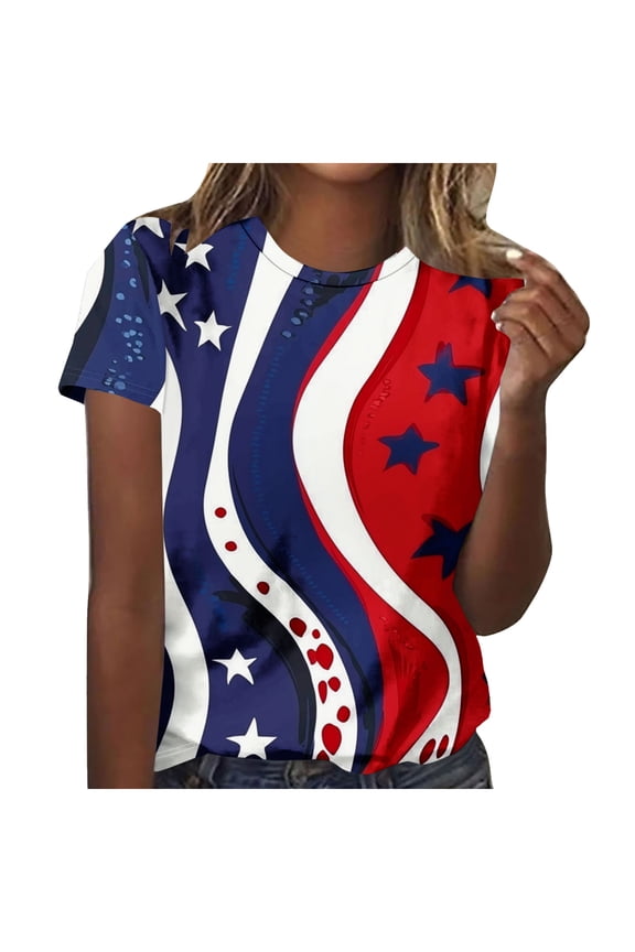 Summer Save 4Th Of July Patriotic Shirt For Women Independence Day Tee Usa Flag Star Stripe Tops Regular Size Slim Fitted Tee Shirts Round Neck T-Shirts Rolled Sleeve Shirt Boho Beach Holiday Clothes