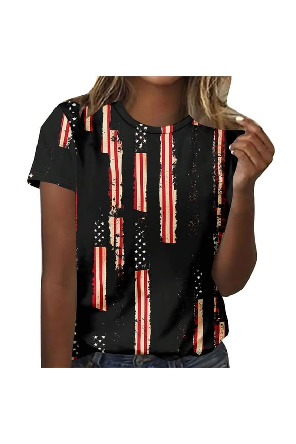 Summer Save 4Th Of July Patriotic Shirt For Women Independence Day Tee Usa Flag Star Stripe Tops Regular Size Slim Fitted Tee Shirts Round Neck T-Shirts Rolled Sleeve Shirt Boho Beach Holiday Clothes