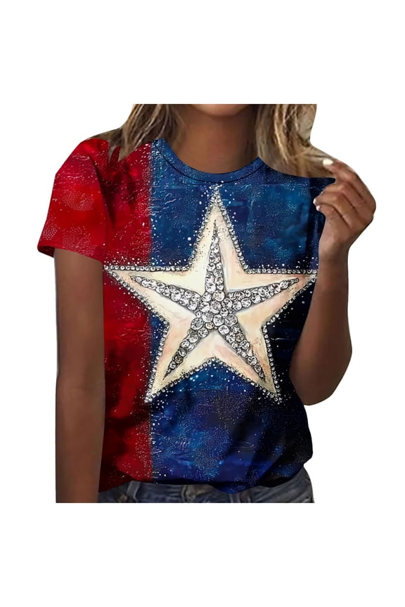 Summer Save 4Th Of July Patriotic Shirt For Women Independence Day Tee Usa Flag Star Stripe Tops Regular Size Slim Fitted Tee Shirts Round Neck T-Shirts Rolled Sleeve Shirt Boho Beach Holiday Clothes