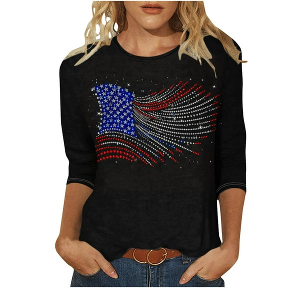 Summer Save On Patriotic Tops For Women American Flag Printed Tunic Top Round Neck 3/4 Sleeve Tee Shirts Relaxed Fit Tunics Blosues Baggy Boho Shirts Beach Holiday Causal Clothes