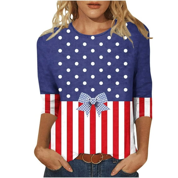 Summer Save On Patriotic Tops For Women American Flag Printed Tunic Top Round Neck 3/4 Sleeve Tee Shirts Relaxed Fit Tunics Blosues Baggy Boho Shirts Beach Holiday Causal Clothes