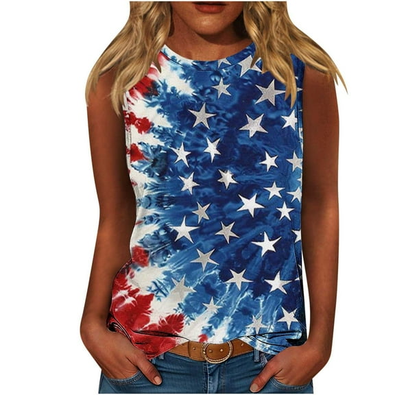 Summer Save On Sleeveless Shirts For Women 4Th Of July Patriotic Tank Tops Scooped Neck Camisole Usa Flag Star Printed Tunics Tee Pullover Sweater Blouses Lounge Dressy Beach Costume