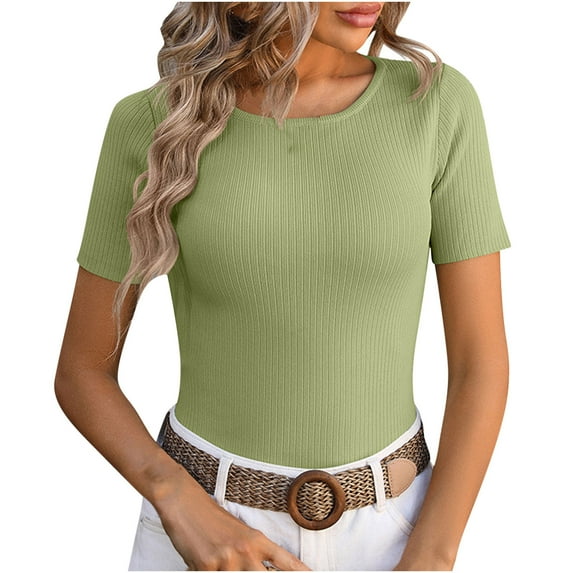 Summer Save Tops for Womens!WCMZJ Women's Short Sleeve Crew Neck T Shirts 2024 Summer Slim Fitted Ribbed Knit Tops Solid Color Basic Casual Tee Shirt Green L