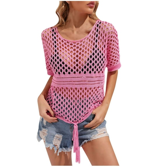 Summer Save Tops for Womens!WCMZJ Womens Crochet Tops Half Sleeve Hollow Out Mesh Sheer Cover Up See Through Fishnet T Shirt Casual Scoop Neck Beach Vacations Summer Top Hot Pink S
