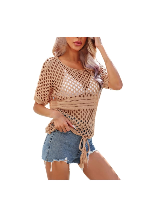 Summer Save Tops for Womens!WCMZJ Womens Crochet Tops Half Sleeve Hollow Out Mesh Sheer Cover Up See Through Fishnet T Shirt Casual Scoop Neck Beach Vacations Summer Top Khaki L