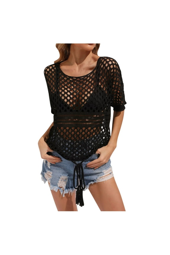 Summer Save Tops for Womens!WCMZJ Womens Crochet Tops Half Sleeve Hollow Out Mesh Sheer Cover Up See Through Fishnet T Shirt Casual Scoop Neck Beach Vacations Summer Top Black M