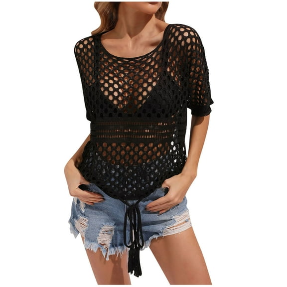 Summer Save Tops for Womens!WCMZJ Womens Crochet Tops Half Sleeve Hollow Out Mesh Sheer Cover Up See Through Fishnet T Shirt Casual Scoop Neck Beach Vacations Summer Top Black M