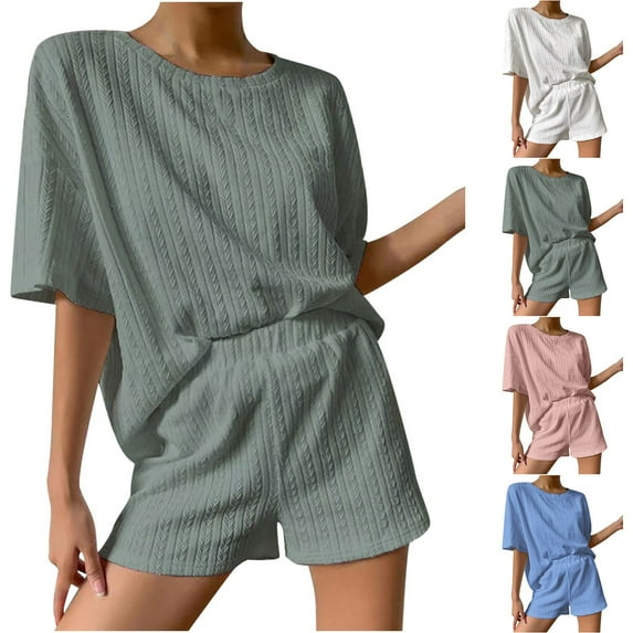Two Piece Short Set for Women, Women's Casual Short Sleeve Solid Color Knit Pullover Sweatsuit 2 Piece Short Comfortable Loose Crewneck Suit Green M
