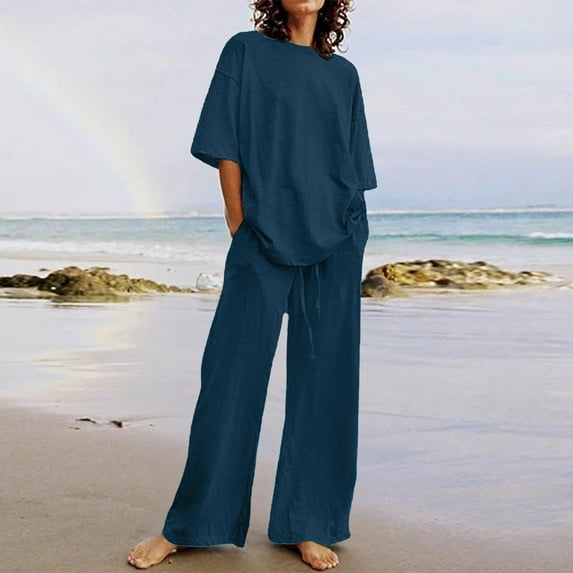 Abomasnow Lounge Sets for Women Casual Short Sleeve Crew Neck Shirts and Wide Leg Pants 2 Piece Cotton Linen Pajama Outfits