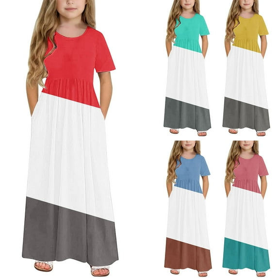 Ashirexll Summer Dresses for Teens, Girls Dresses Size 10-12, Girls Summer Dress with Pockets Fashion Color Matching Short Sleeve Round Neck Long Dress for Children 4-14