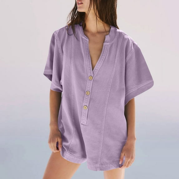 Summer Button Rompers for Women Shorts,2025 Summer Casual Short Sleeve Playsuit Jumpsuits Short One Piece Jumpsuit Outfit with Pocket,Loose Shorts Overalls Jumpsuit Women Summer Clothes