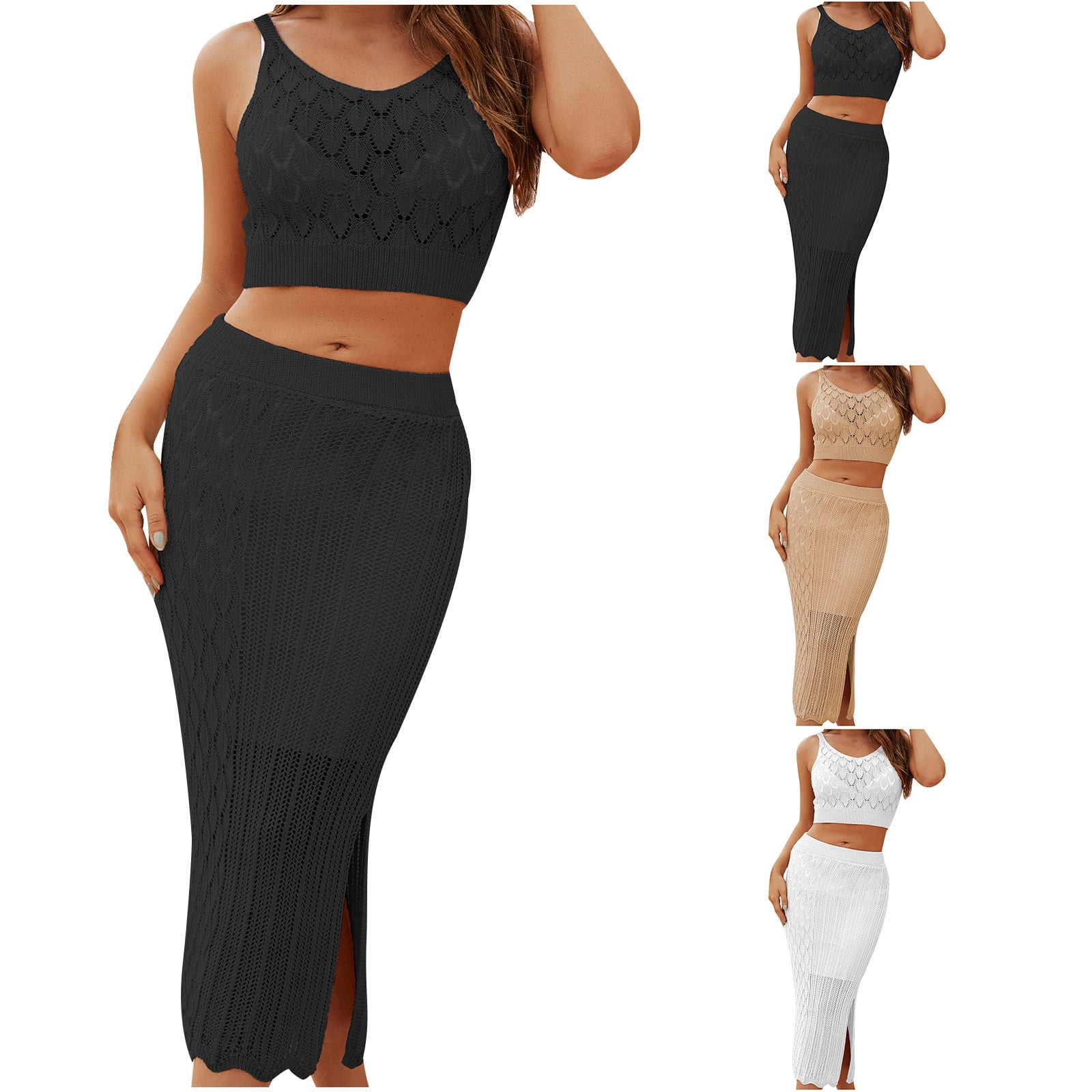 Xihbxyly Skirt Sets Women 2 Piece Outfits, Women's 2 Piece Summer Outfits Crewneck Tank Tops Split Bodycon Midi Skirt Dress Set Split Long Dress Set Black S