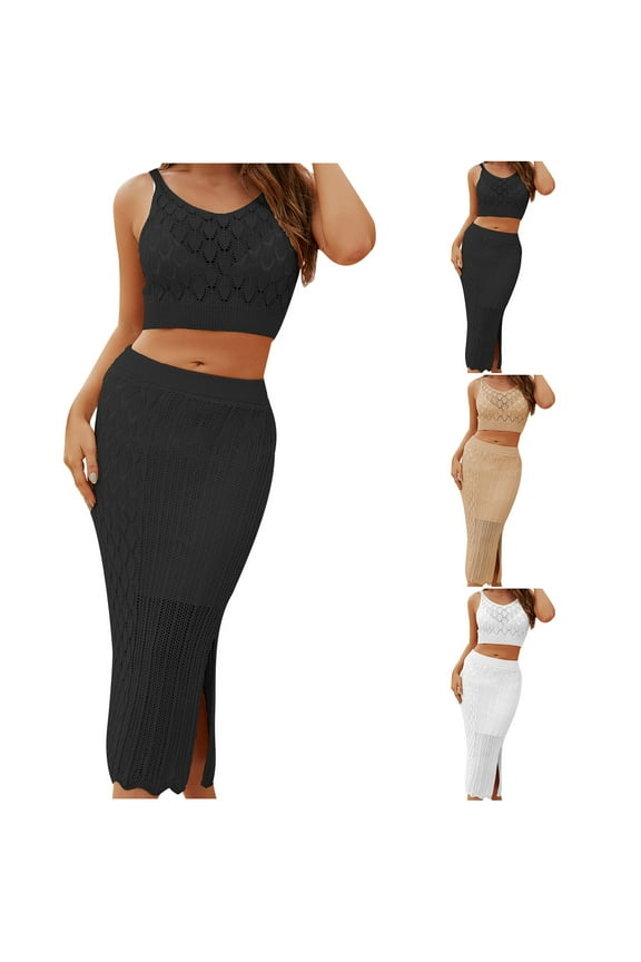 Skirt Sets Women 2 Piece Outfits, Women's 2 Piece Summer Outfits Crewneck Tank Tops Split Bodycon Midi Skirt Dress Set Split Long Dress Set Black S