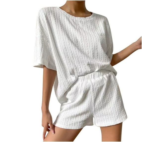 Summer Saving Clearance 2 Piece Xihbxyly Two Piece Short Set for Women, Women's Casual Short Sleeve Solid Color Knit Pullover Sweatsuit 2 Piece Short Comfortable Loose Crewneck Suit White L