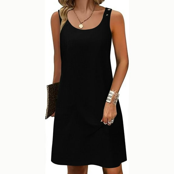 Summer Saving Under $20 Womens Dresses, Fashion Women's Summer Casual Round Neck Sleeveless Solid Beach Sundresses Boho Dress Mini Dresses(Black,XXL)