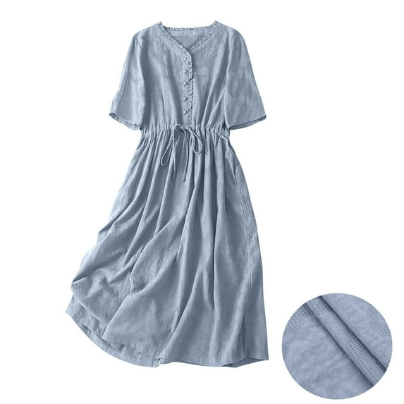 Summer Saving Under $20 Womens Dresses, Ladies Fashion Women Five Quarter Sleeve Dress V-Neck Dress Solid Dresses Pocket Button(Light Blue,XXL)