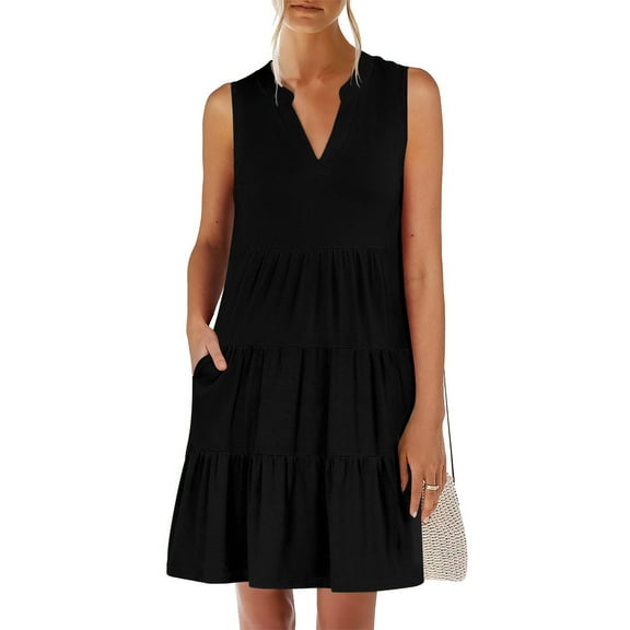 Summer Saving Under $20 Womens Dresses, Women's Solid Short Sleeve V Neck Ruffle Dresses Sexy Elegant Club Party Tunic Mini Dresses Casual Vacation Dress(Black,XXL)