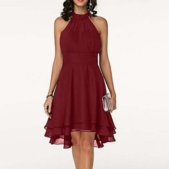 CALAFEBILA Chiffon Dress for Women Quick Drying Sleeveless Solid Round Neck Irregular Hem Pulling inWaistline Dresses Summer Maxi Dress