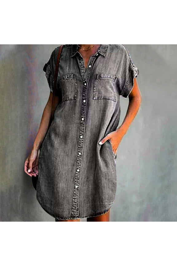 Denim Dress for Female Glossy Short Sleeve Crew Neck Solid Minimizing Waistline Sundress Knee-Length Dress