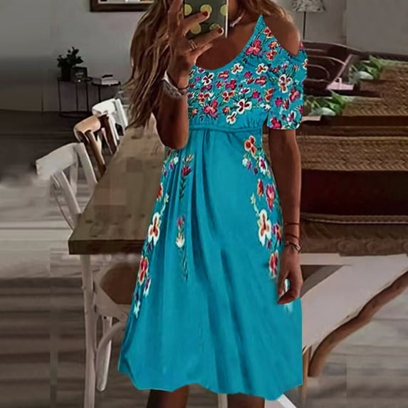 CALAFEBILA Female Midi Dress Show ThinV Neck Short Sleeve Print Panel Straining Midsection Waist Summer Dresses for Women Knee-Length Dress