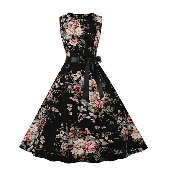 CALAFEBILA Female Midi Dress Temperament Sleeveless Print Crew Neck Compressing Midsection Sundresses With Pockets Long Dress