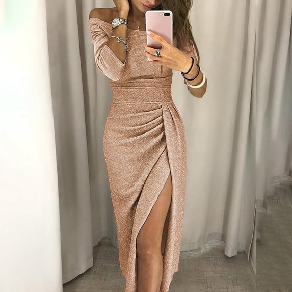 CALAFEBILA Female Shirt Dress Comfortable Crew Neck Long Sleeve Solid Fork Opening Binding Waist Womens Summer Dresses Casual Maxi Dress