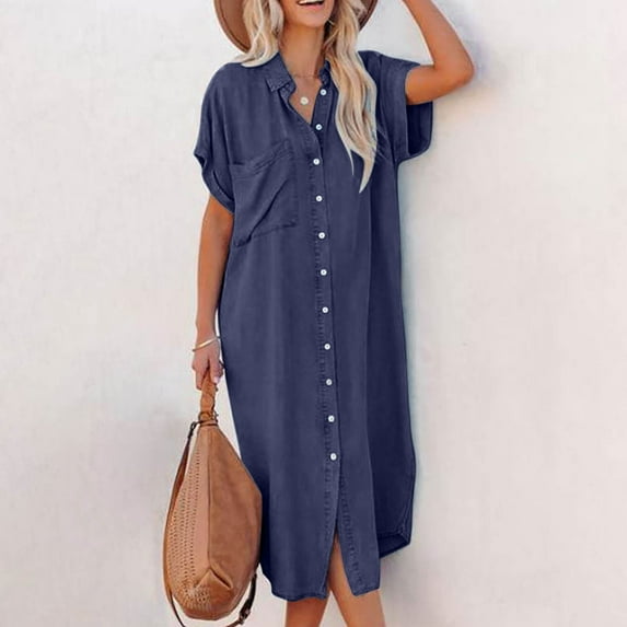Summer Saving Clearance 2022! TIANEK Denim Dress for Female Quick Drying Solid Short Sleeve Lapel Streamlining Waist Pocket Dresses Maxi Dress