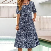 Summer Saving Clearance 2022! TIANEK Female Skirt Dress Tight Fitting Crew Neck Short Sleeve Print Decreasing Waistline Women Boho Dresses Long Dress