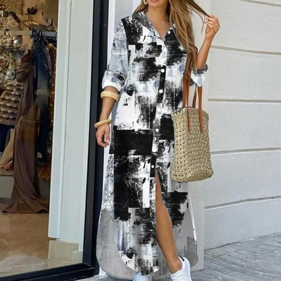 CALAFEBILA Ladies Summer Dress Show ThinPrint Long Sleeve Button Collar Carving Waist Womens Boho Clothes Knee-Length Dress