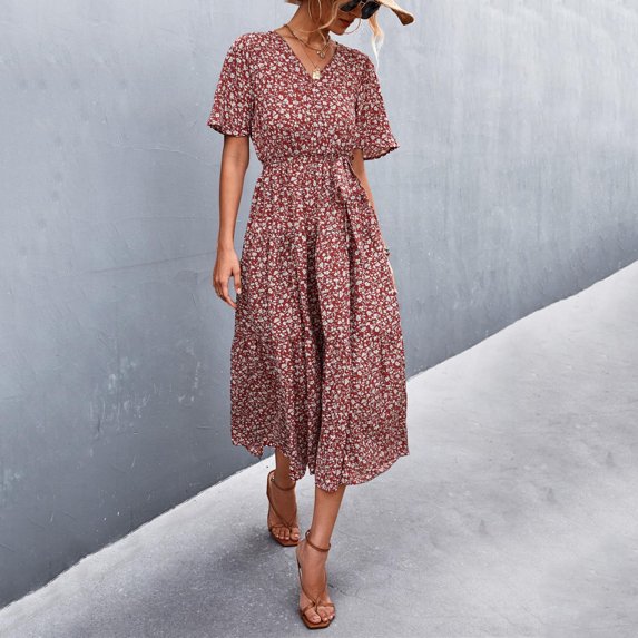 Summer Saving Clearance 2022! TIANEK Women Sun Dress Vintage Printed V Neck Short Sleeve Narrowing Waistline Womens Summer Dresses Long Dress
