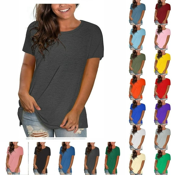 POTETI Ladies Summer Tops Gray Plus-Size Solid Loose Short Sleeve T-shirt Tops