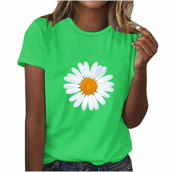 POTETI Ladies T Shirts Green Printed Short Sleeves Blouse Round Neck Casual Tops