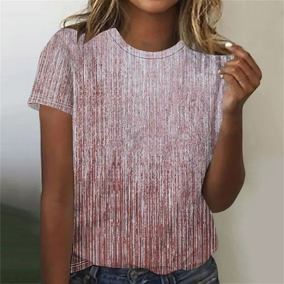 POTETI Plus Size Womens Shirts Pink Vintage Printed T-Shirt Crew Neck Short Sleeve Tops