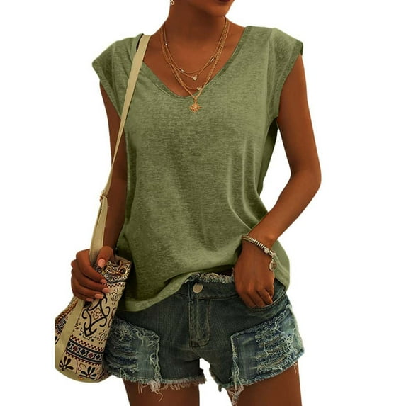 Summer Saving Clearance 2024! POTETI Plus Size Womens Summer Clothes Army Green Solid Color Cap Sleeve Blouses T-Shirt Casual Loose Fit Basic Tank Tops