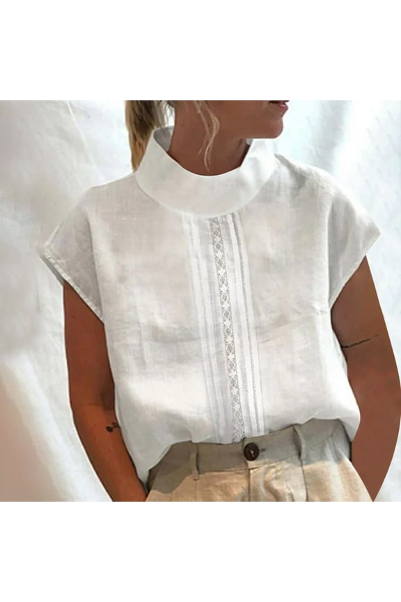 Plus Size Womens Summer Clothes White Solid Color Casual High Neck Tops Cotton Linen Lace Blouses