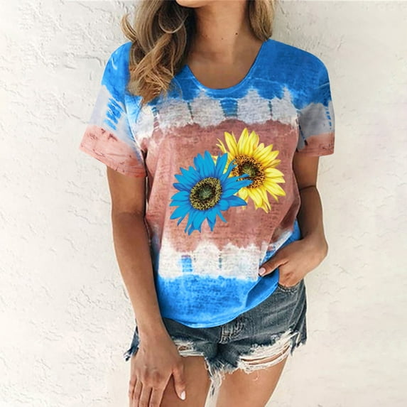 Summer Saving Clearance 2024! POTETI Short Sleeve T Shirts for Women Blue Gradient Print Regular Round Neck Short Sleeves Tops