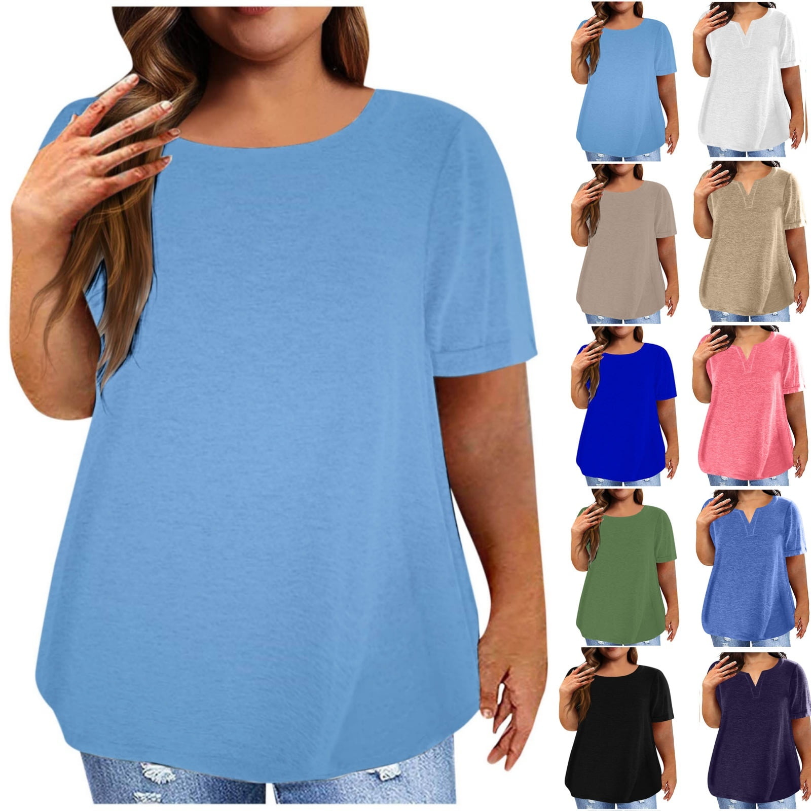 POTETI Short Sleeve T Shirts for Women Light Blue Casual Solid Blouse ...