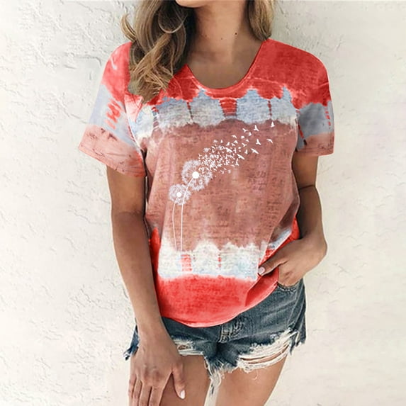 Summer Saving Clearance 2024! POTETI Summer Tops for Women 2024 Red Sexy Gradient Print Regular Crew Neck Short Sleeves Tops