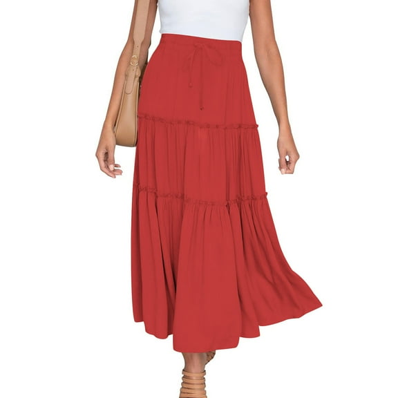 POTETI Summer Tops for Women 2025 Red Solid Casual Ruched Ruffles Elastic Waist Skirts