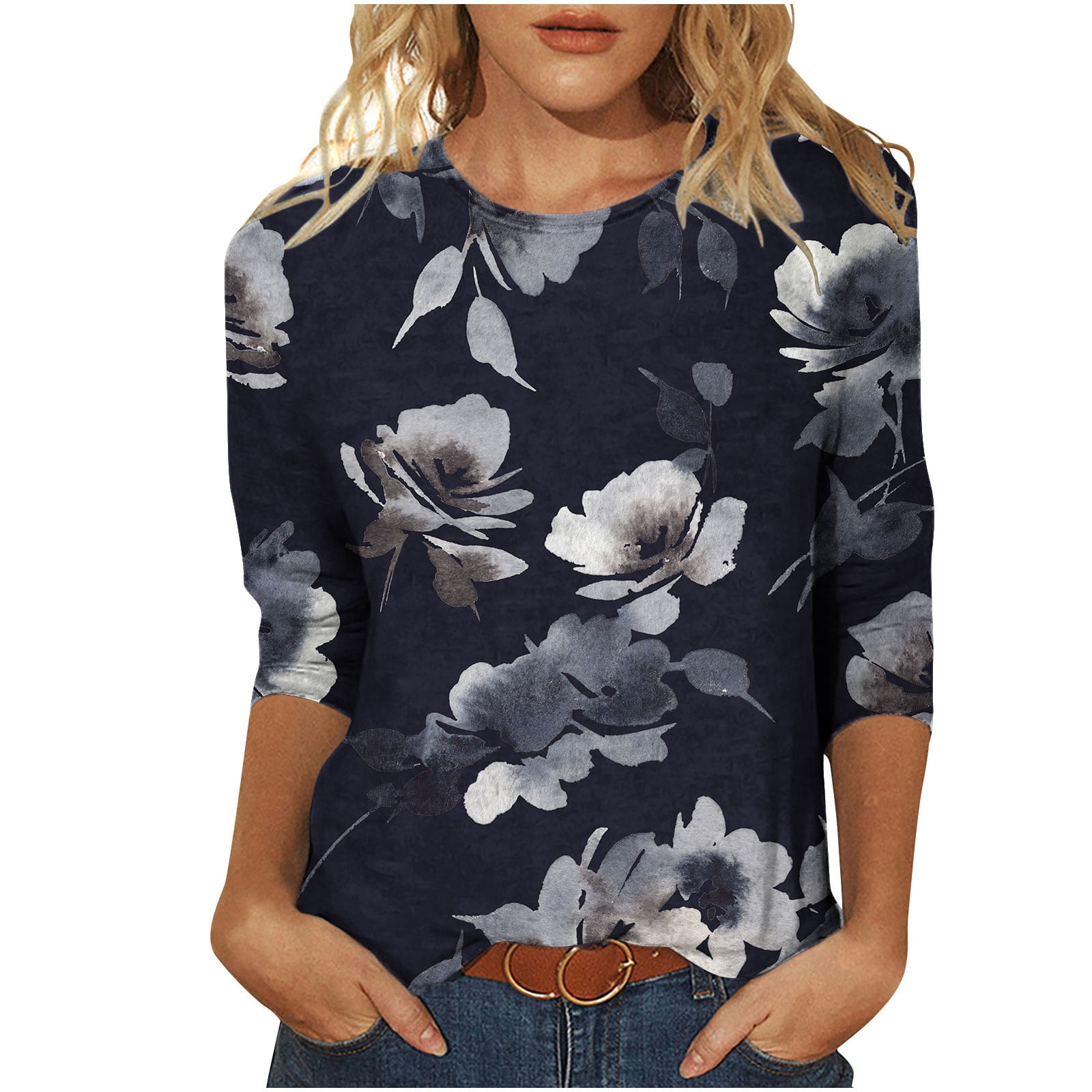 Summer Saving Clearance 2024 Poteti T Shirt For Women Dark Gray Floral